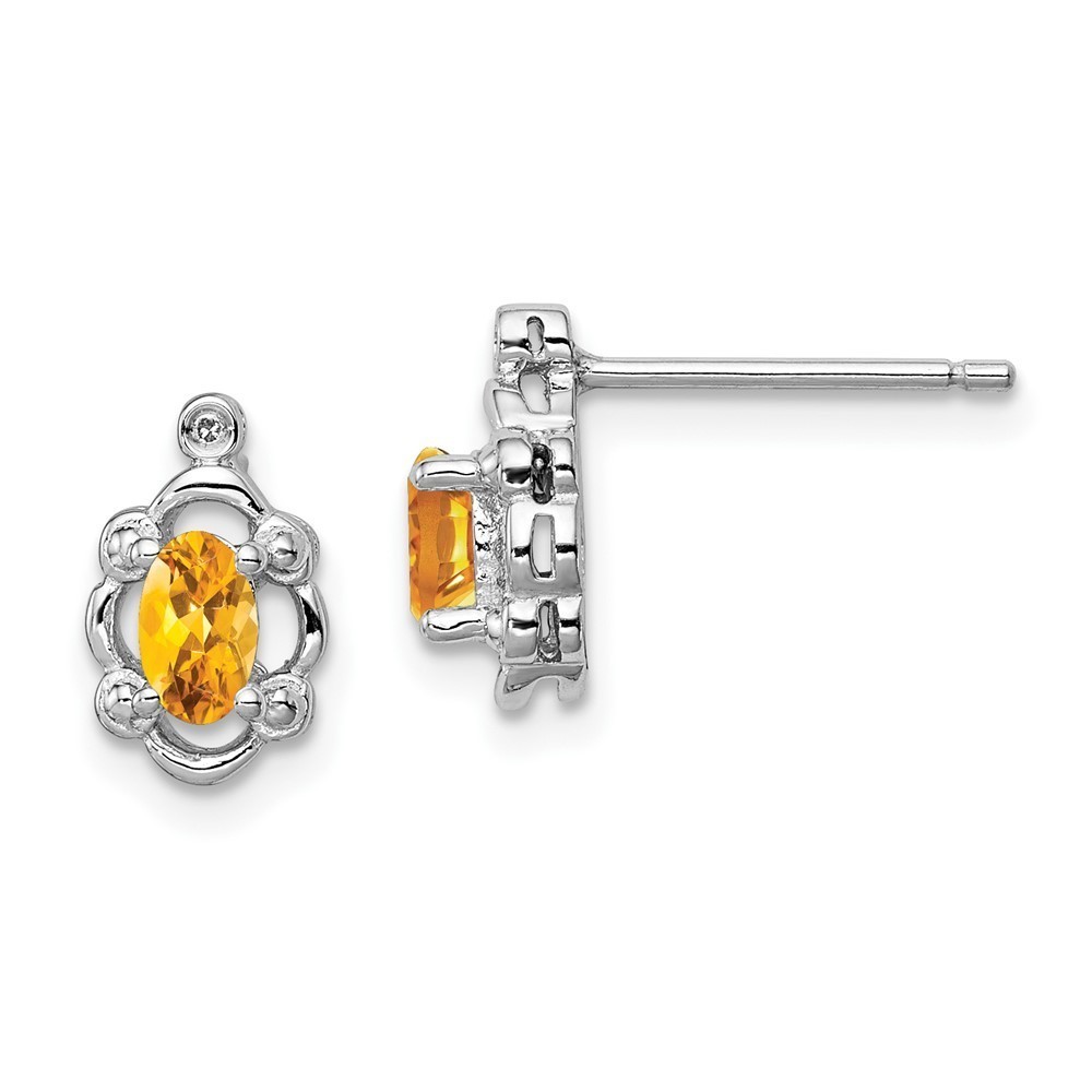925 Sterling Silver Citrine (November Birthstone) & Diamond Earrings 10 x 6 mm